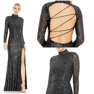 NWT Mac Duggal Black Sequin Long Sleeve Trumpet Gown Lace Up Back #42014 Size 8
